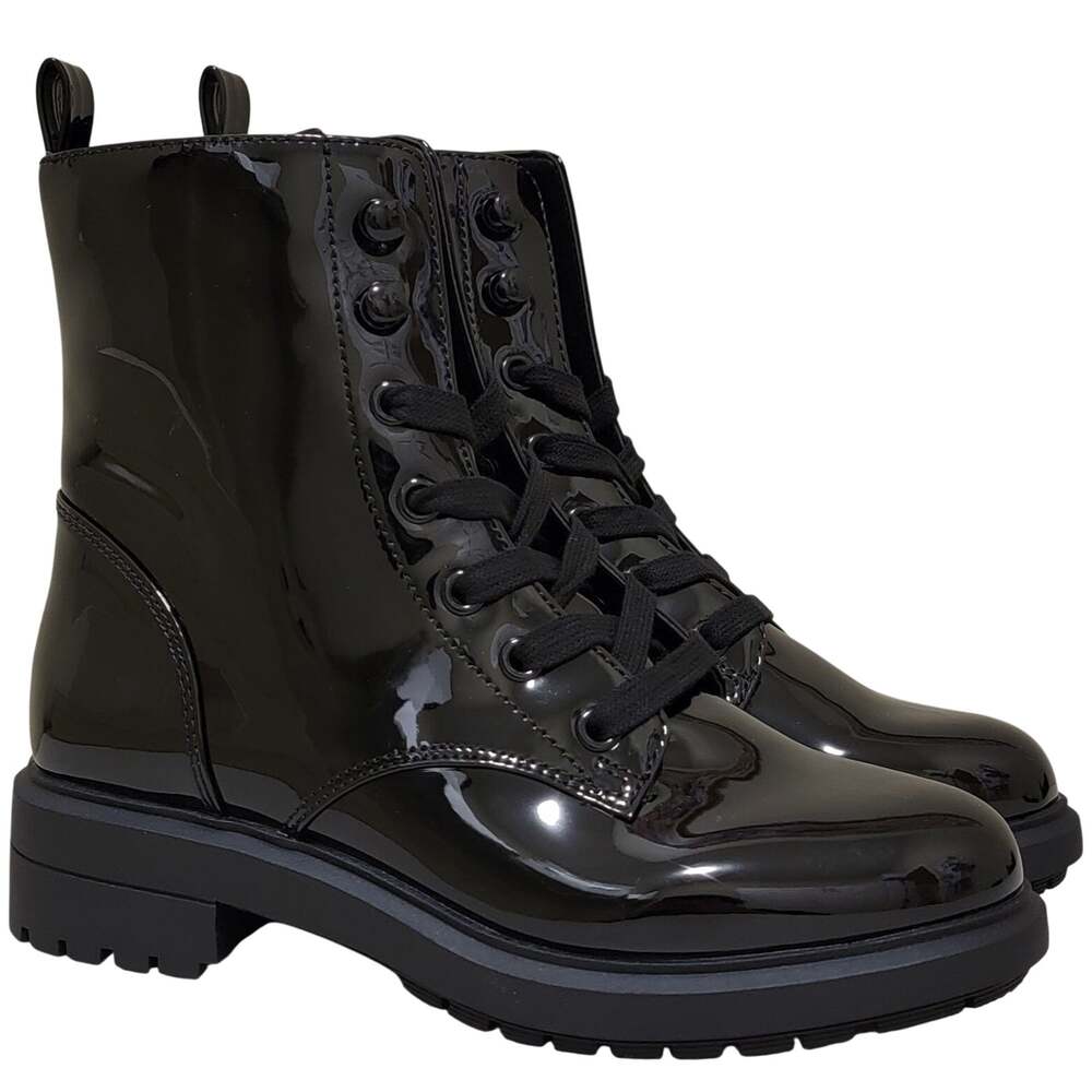 On 34th Women Terissa Block Heel Combat Boots Size US 5M Black Faux Patent